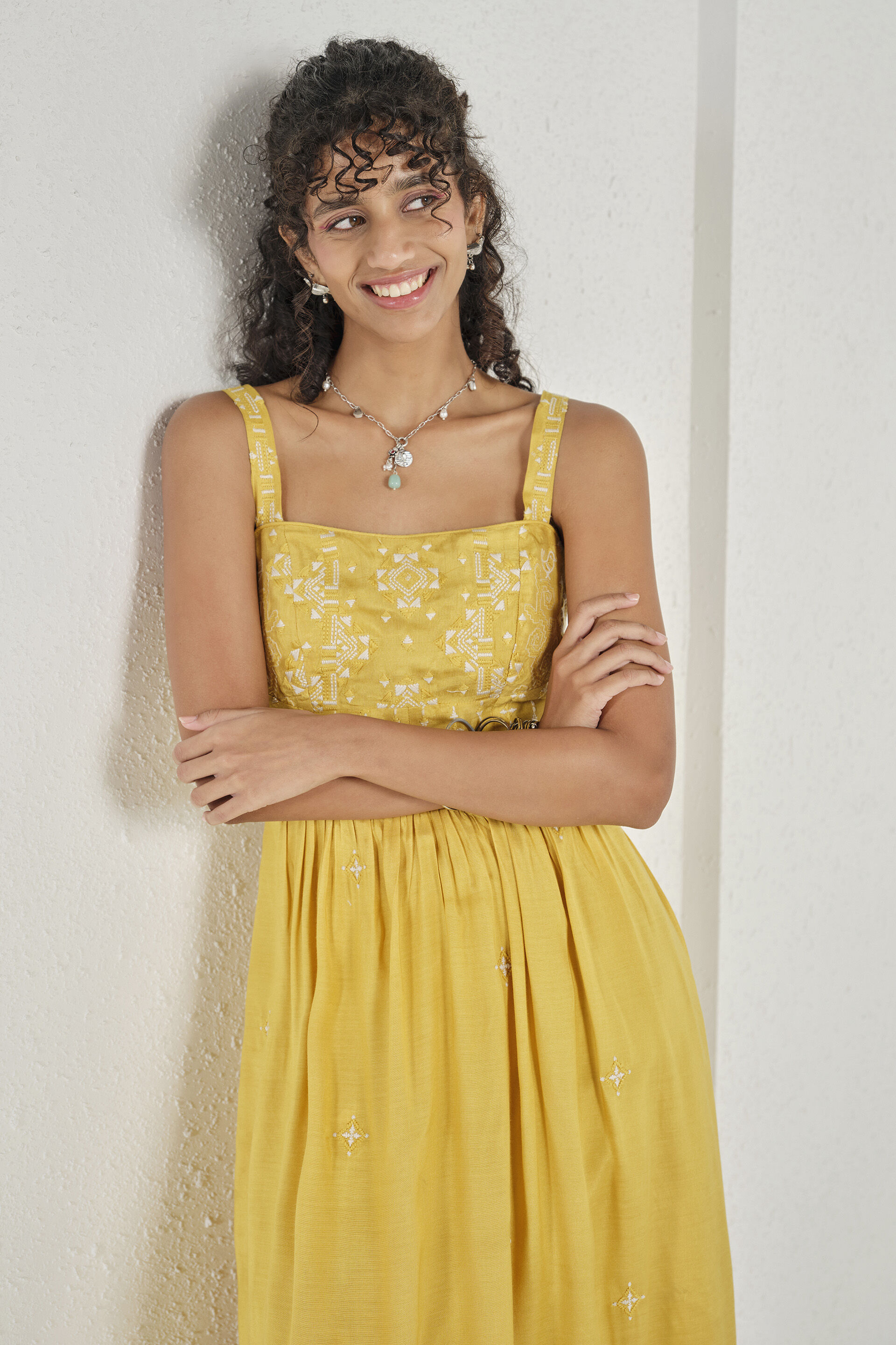 Mustard Strappy Embroidered Dress, Mustard, image 5